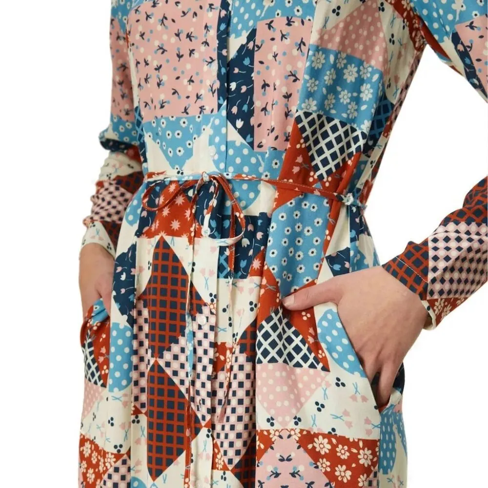 Compañía Fantástica Blue Pink Midi Patchwork Dress Pockets Belted Long Sleeve S - Image 3