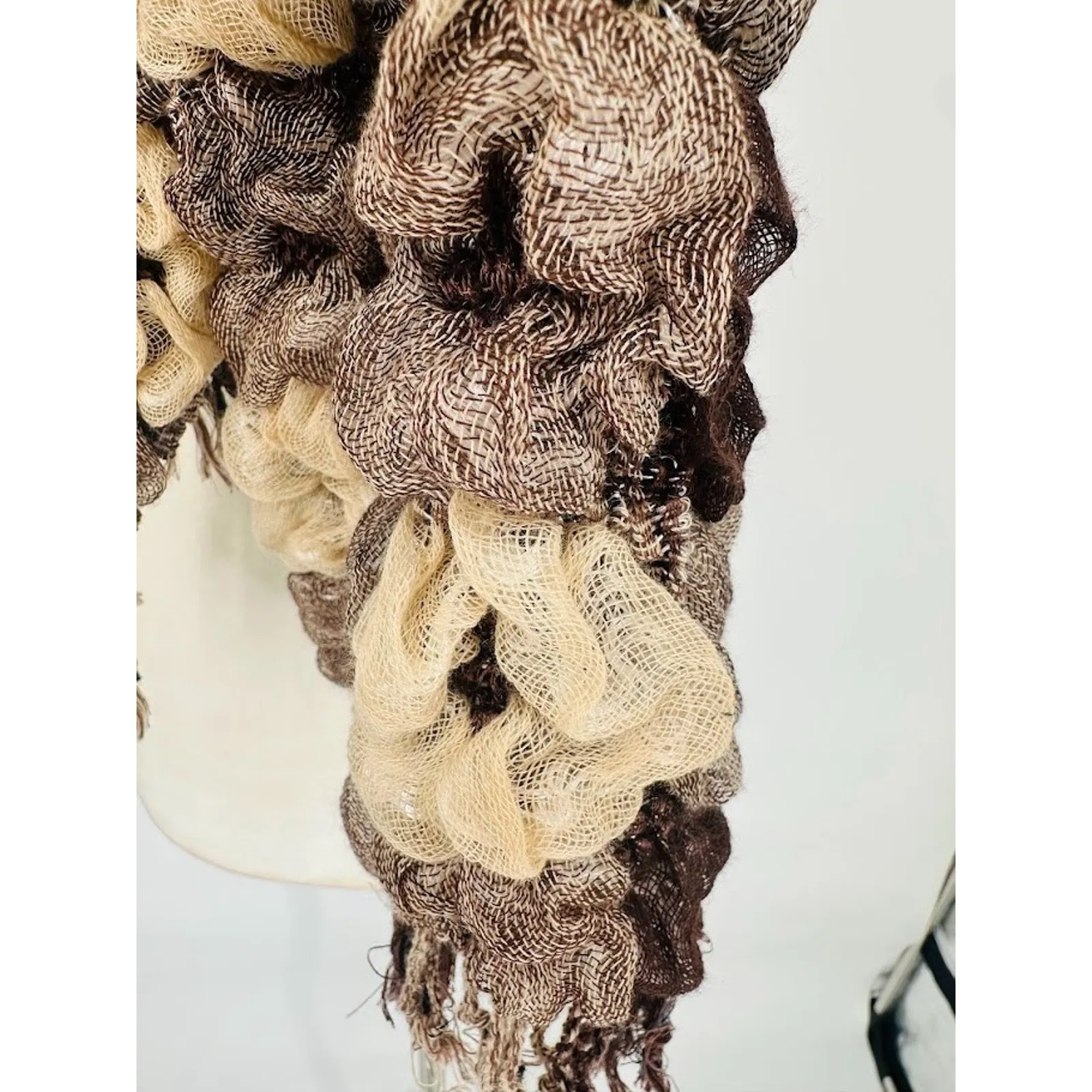 KB Knit Bonbons Womens Ruffle Long Scarf Knit Cowl Fringe 60" Neutral Minimalist Brown - Image 4