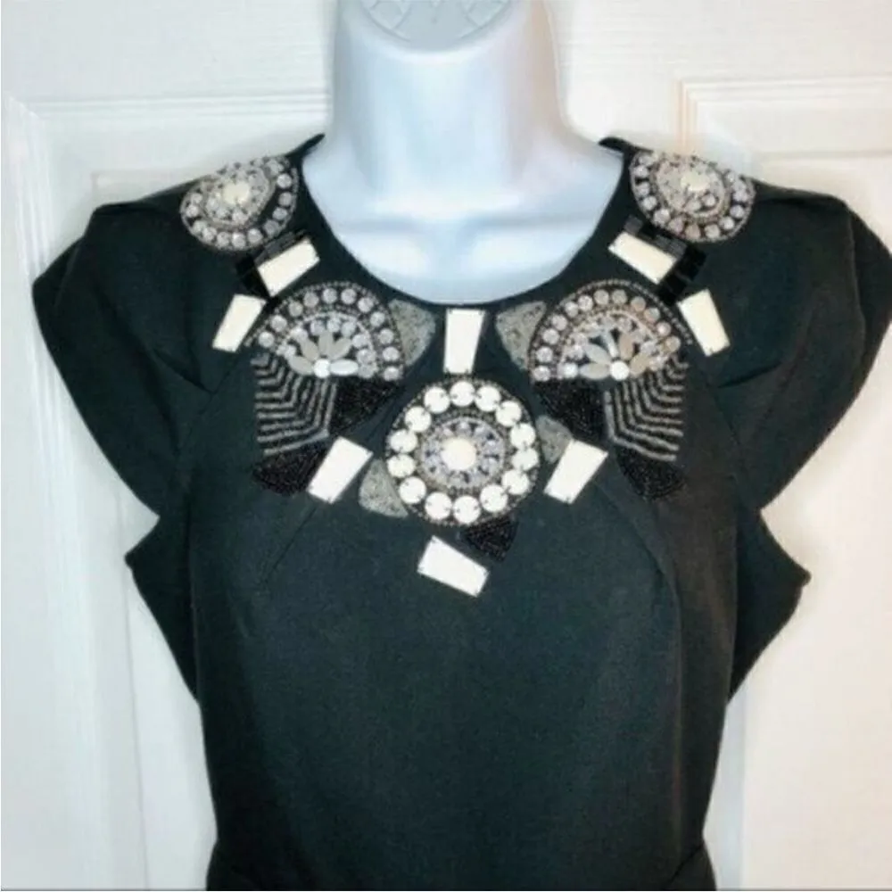 bebe Black Mini Sheath Dress Cap Sleeves Embellished Beaded Yoke Cocktail XXS - Image 2