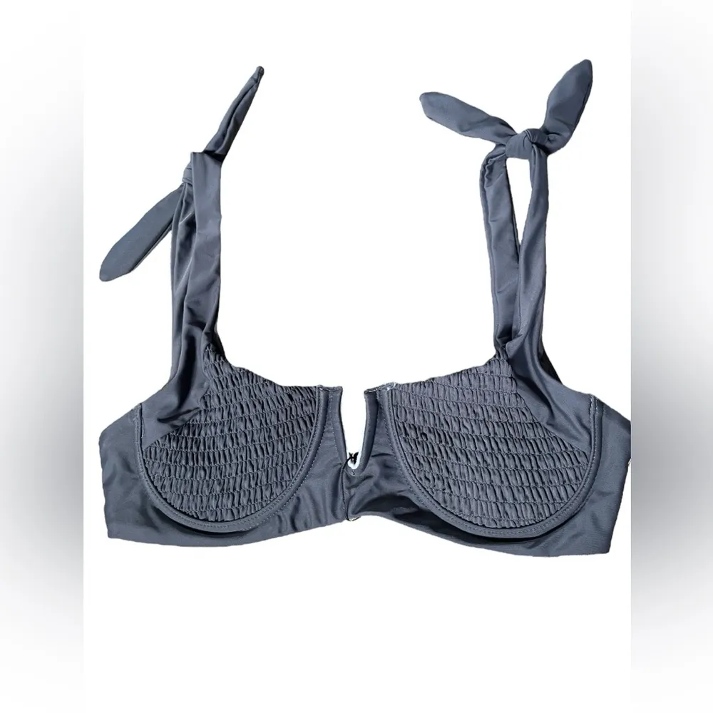 NEW Zaful Gray Smocked Shirred Bowknot Underwire V Cut Two Piece Bikini Set - Image 4