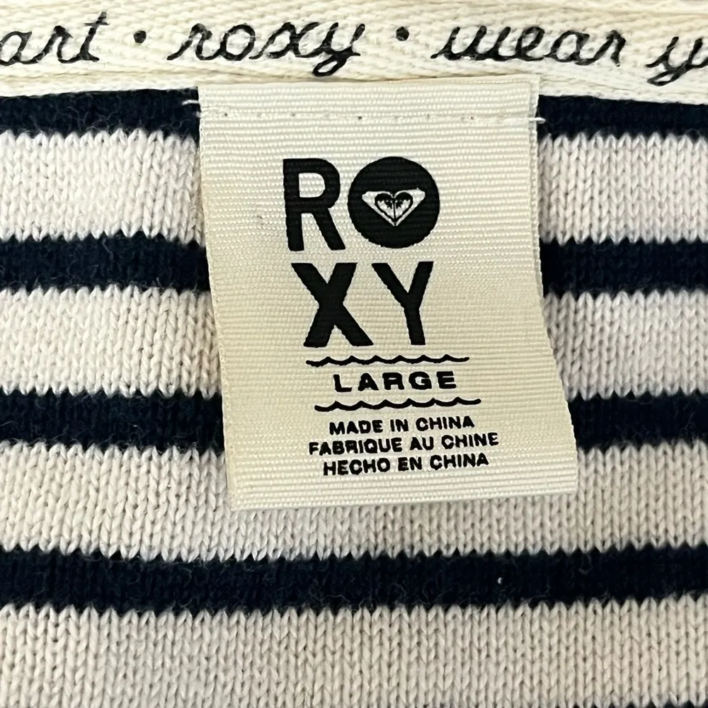 Roxy Black & White Striped V-Neck Hoodie Pullover Top Women’s L - Image 9