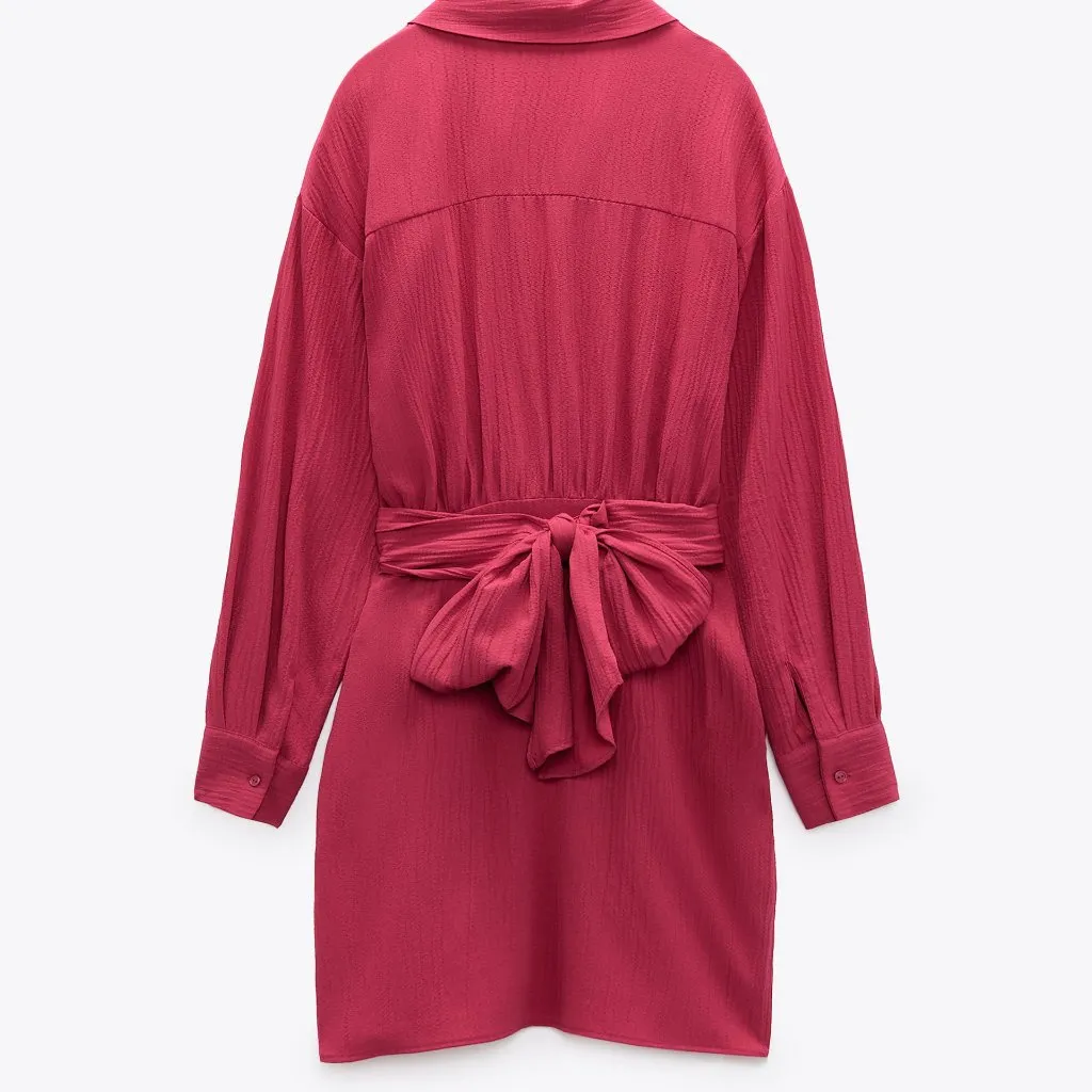 NWT ZARA BELTED MINI WRAP DRESS FUCHSIA / PINK MEDIUM - Image 9