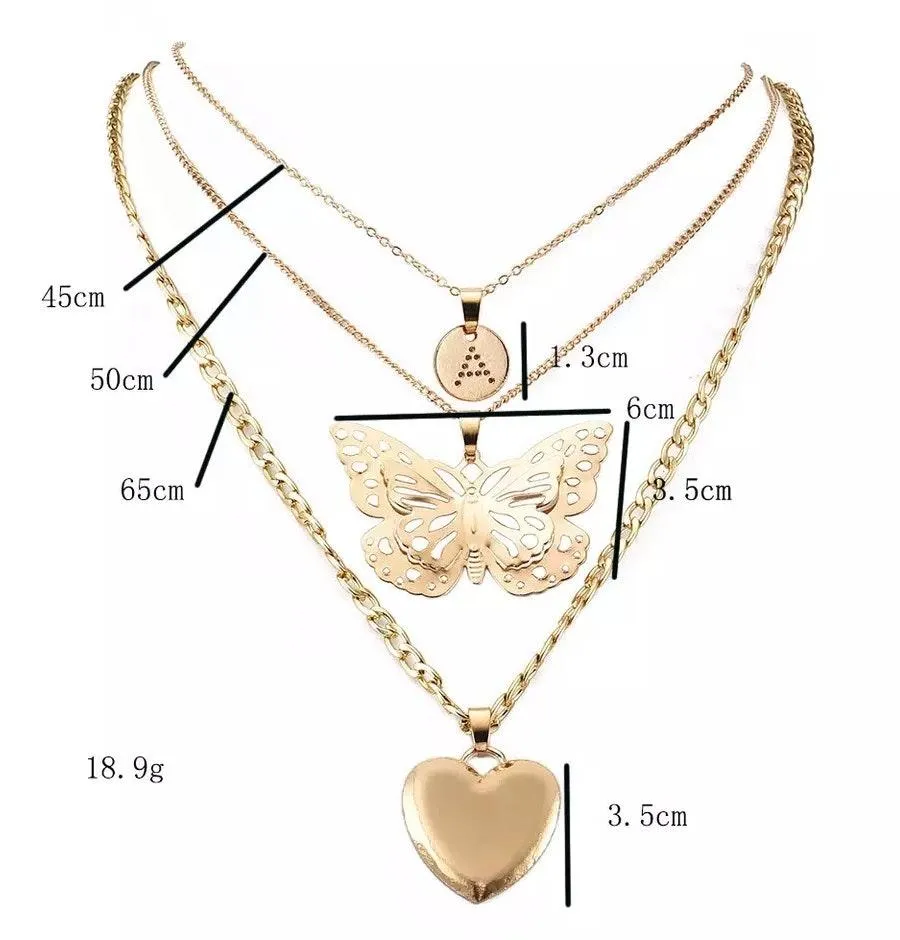 Letter A Hollowed Butterfly Heart Pendant Multilayered Chain Necklace  - Image 5