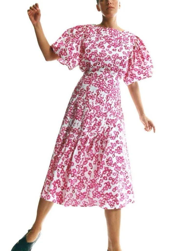 MERLETTE Floral Print Puff Sleeve Cotton Shift Dress Size S Pink - Image 4