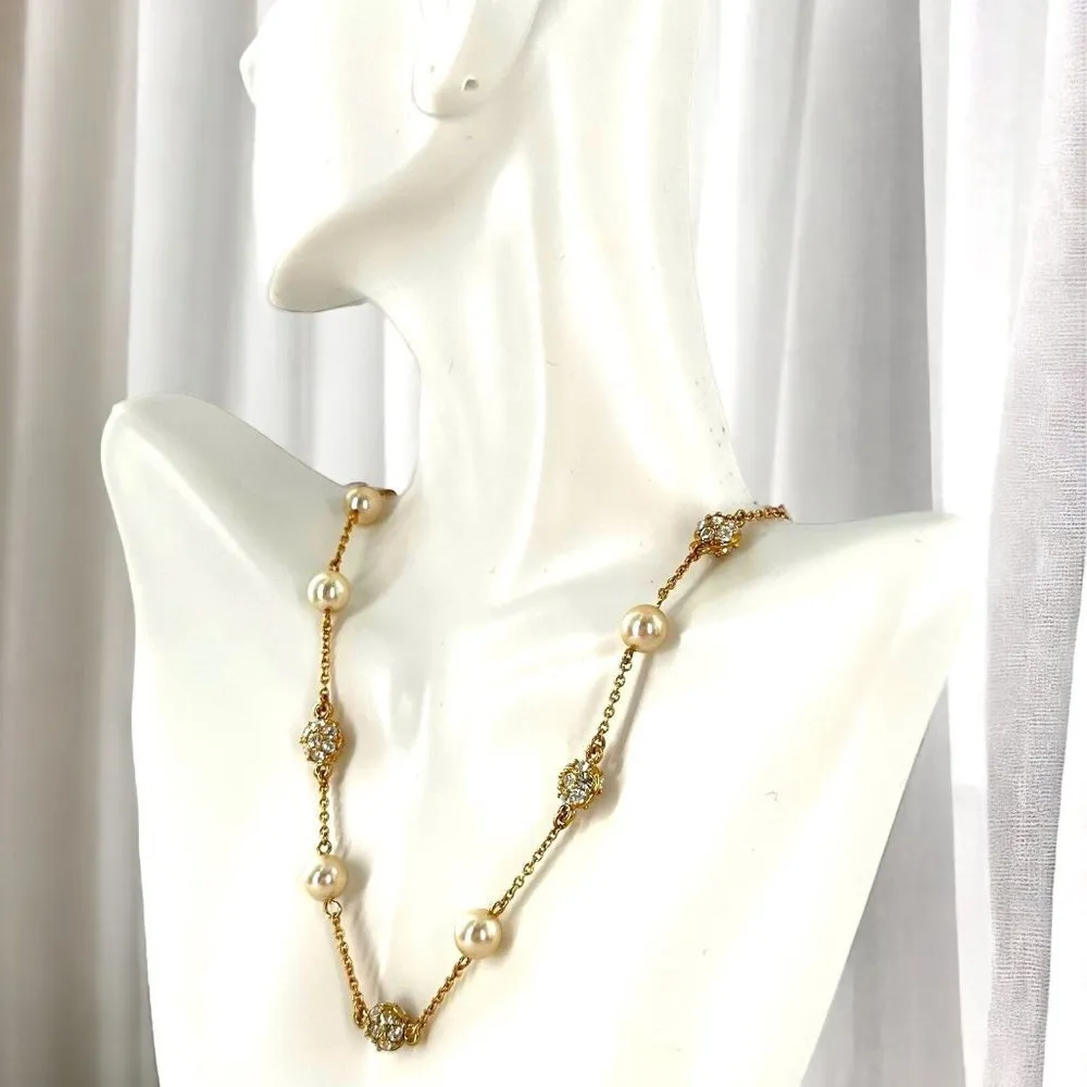 Elegant NOLAN MILLER Champagne Pearl Crystal and Gold Station Necklace - Image 2