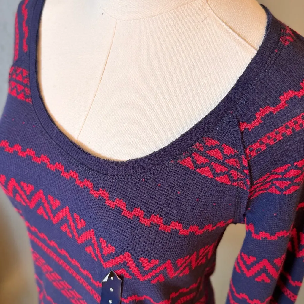 LUCKY BRAND Woven Navy & Red Fair Isle Knit Top Lightweight Thermal Tee - Image 15