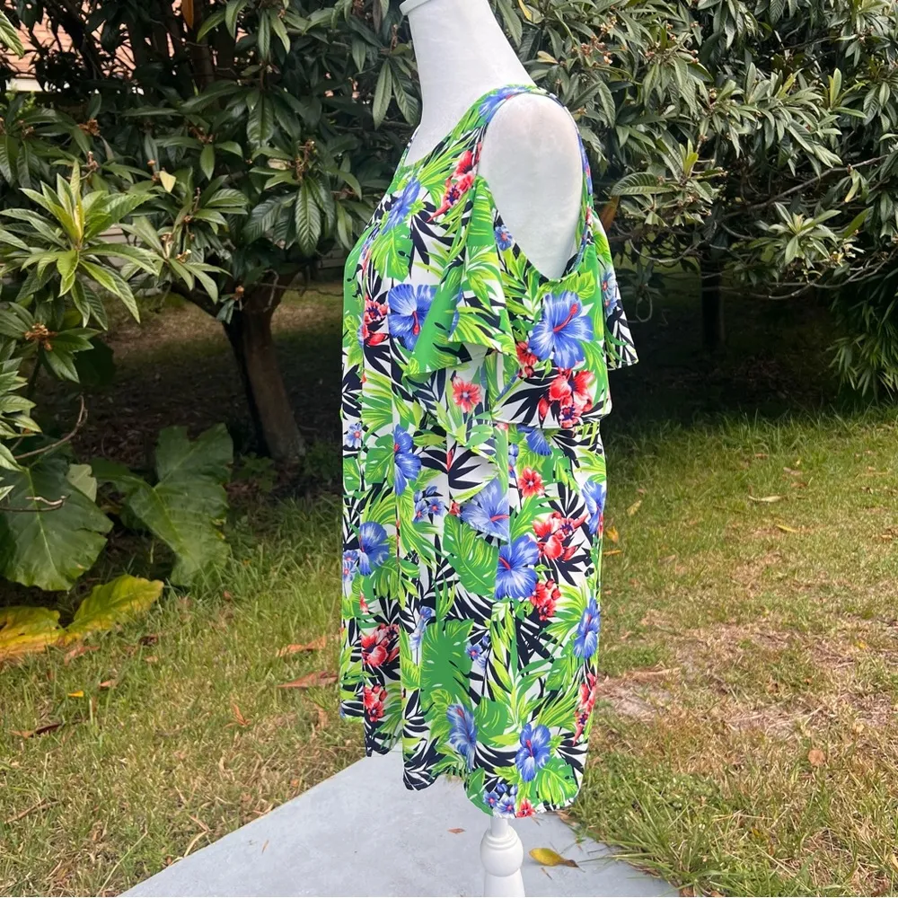 Everly Anthropologie Floral Palm Cold Shoulder Mini Dress Keyhole Back Size S/M - Image 6