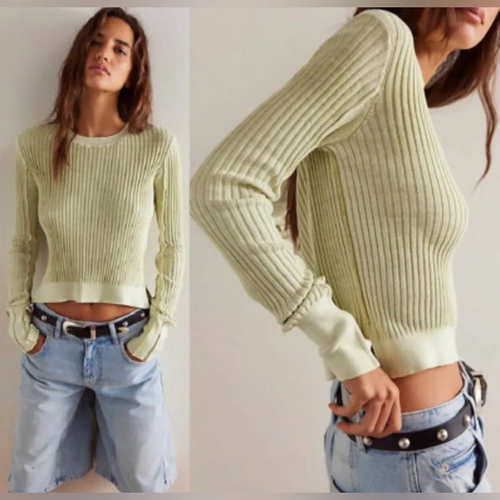 Free People we the free Between The Lines Rib Jumper Sweater Sz XS light green - Image 2
