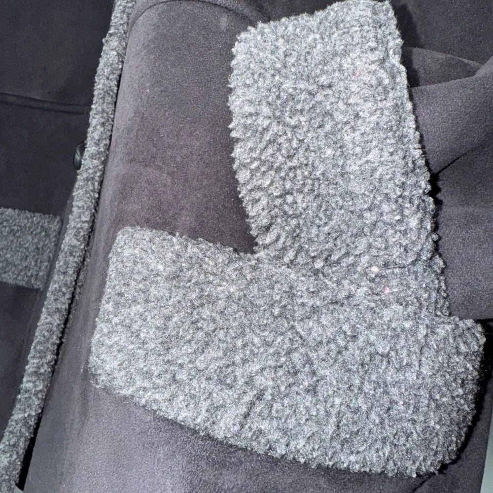 Ralph Lauren Womens 1x XL Faux Black Suede Shearling Coat Jacket Grey Sherpa - Image 10