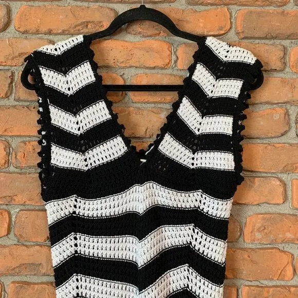 Nisan‎ Crochet Dress Womens Size Medium Black White Striped Open Knit Mini NWT - Image 3