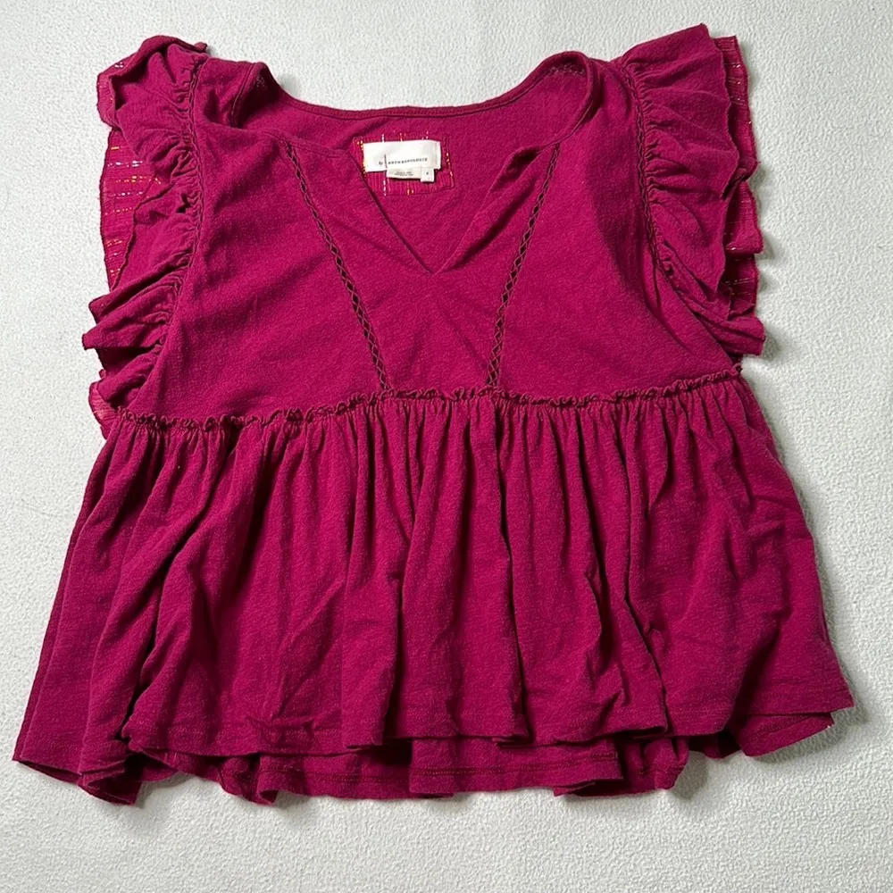 Anthropologie Caroline Ruffled Babydoll Top Raspberry - Image 3