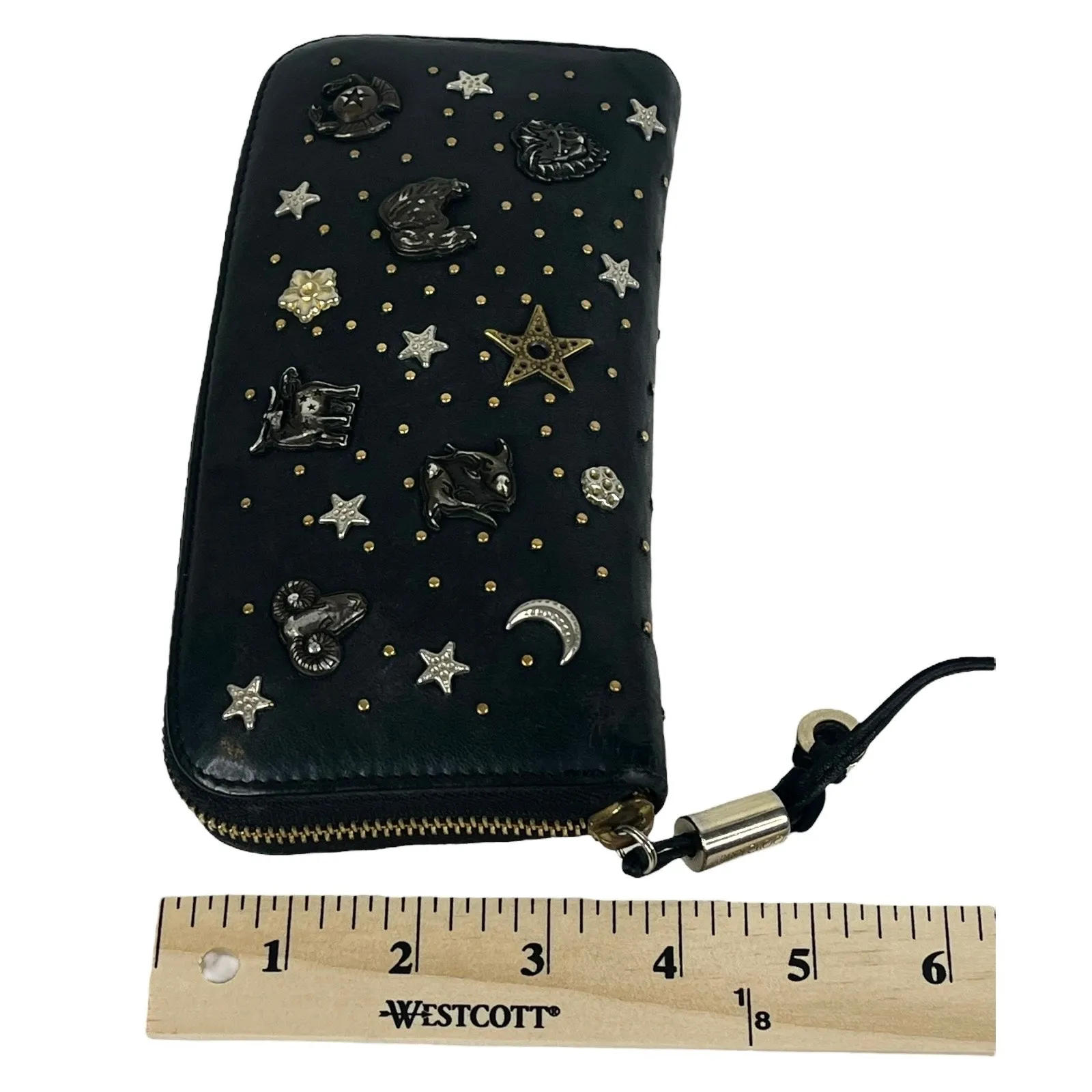 Jimmy Choo Long Wallet Zodiac Studded Zip Black Leather Clutch Purse Authentic - Image 14