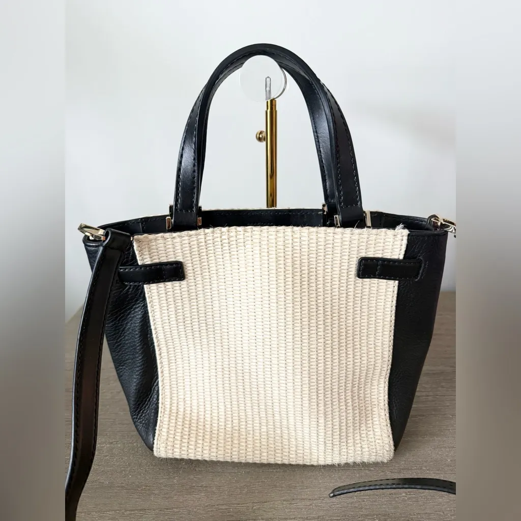 Kate Spade Houston Street Leo Straw Satchel Crossbody Pale Natural Black Trim - Image 4