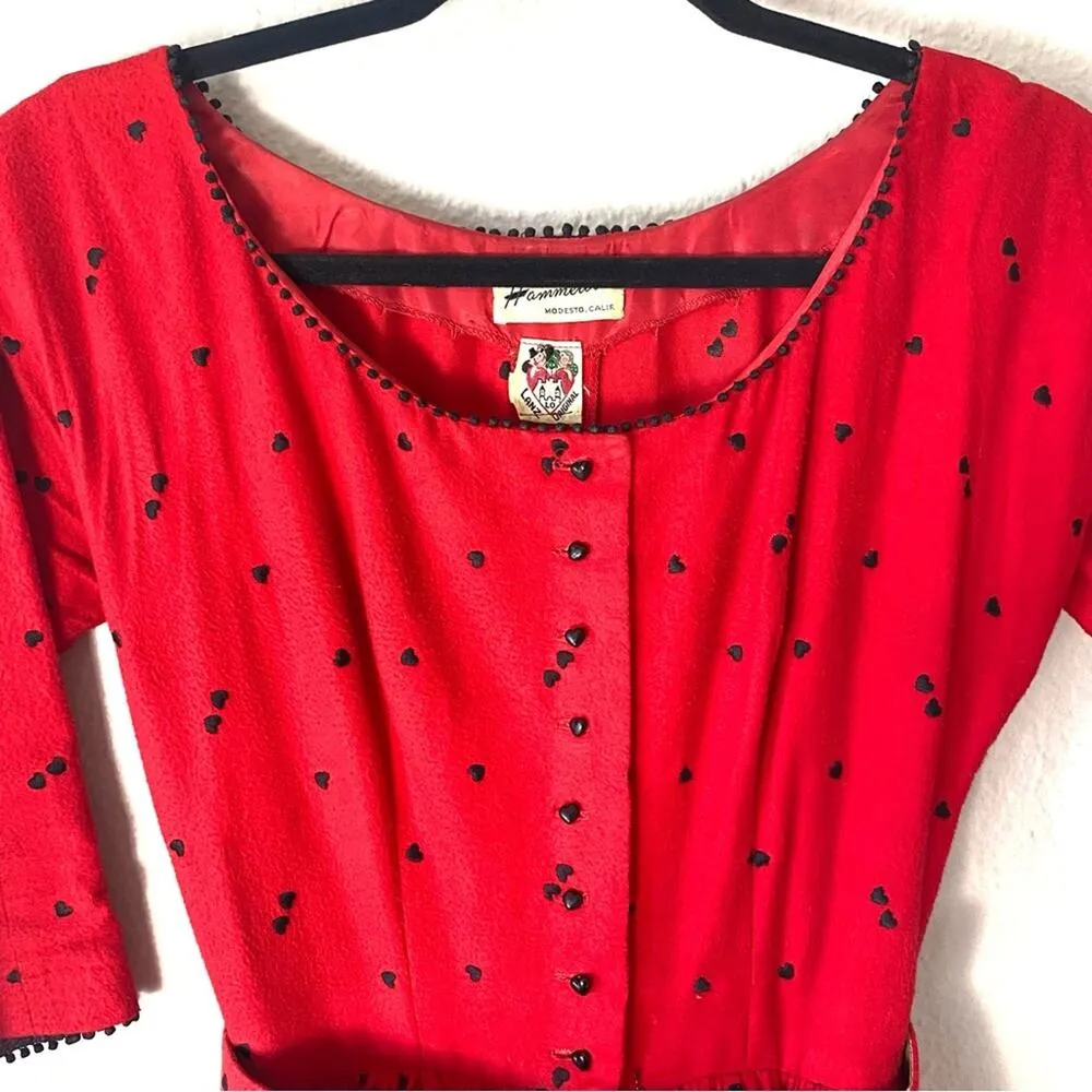 Vintage 1950s Lanz Heart Print Fit & Flare Circle Skirt Dress Size Small Red - Image 6