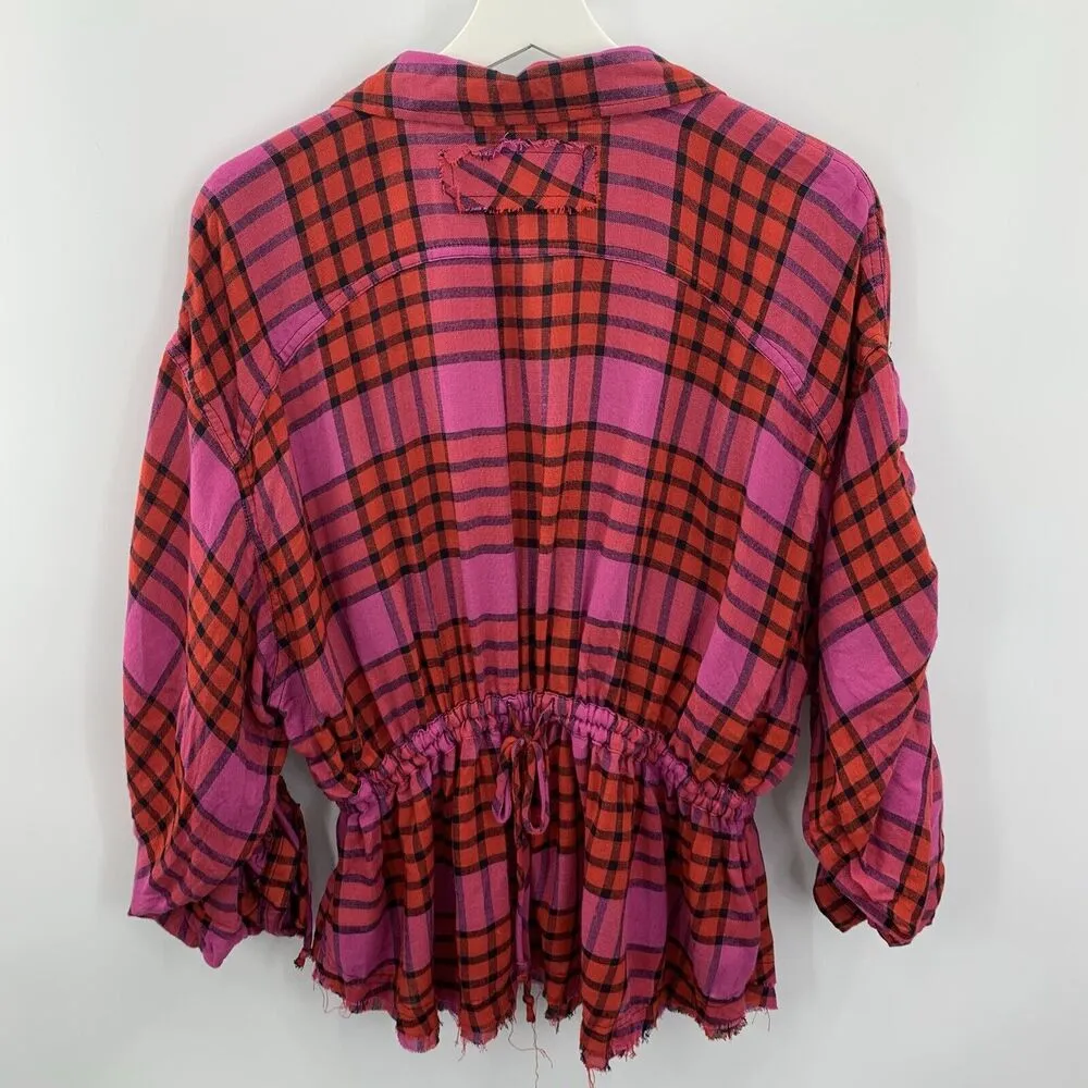 Anthro We The Free People Size XS Shirt Pacific Dawn Red Pink Plaid Ruched NEW - Image 12