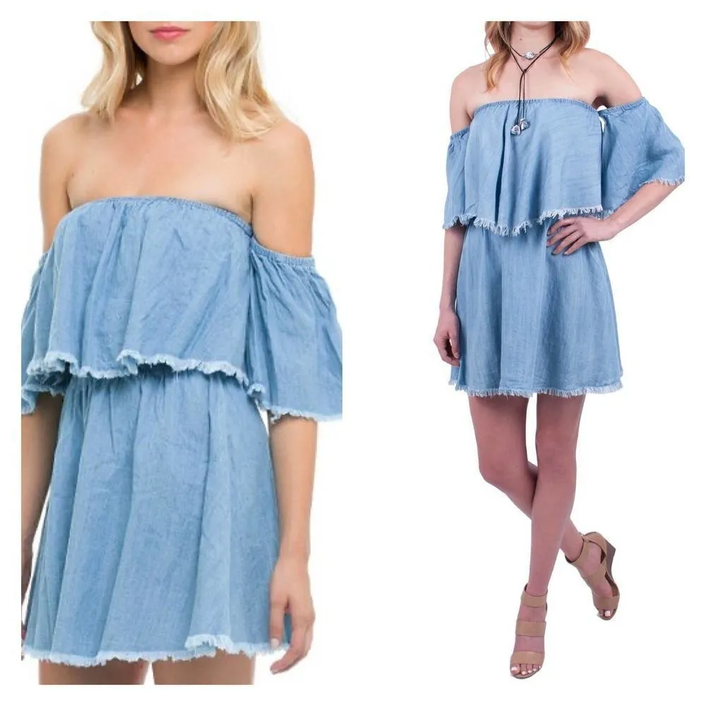 Elan Off -Shoulder Blue Ruffle -Layer Raw Edge Off-Shoulder Mini Dress - Image 2