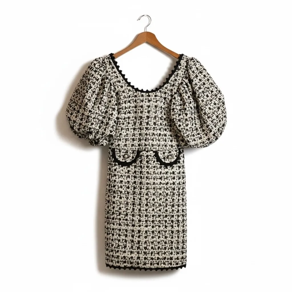 Dream SisTweed Puff Sleeve Square Neck Mini Dress Black & Cream NWT XS - Image 3