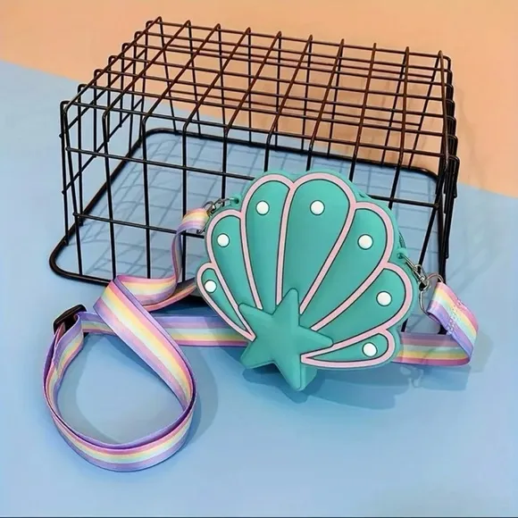 Teal Silicone Seashell Crossbody Coin Bag With Rainbow Strap NWT Green - Image 2