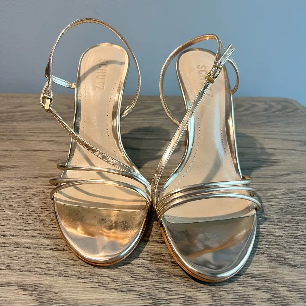 Schutz Inez Sandal Gold Size 9 Strappy High Heels Metallic Ankle Strap Dressy - Image 3