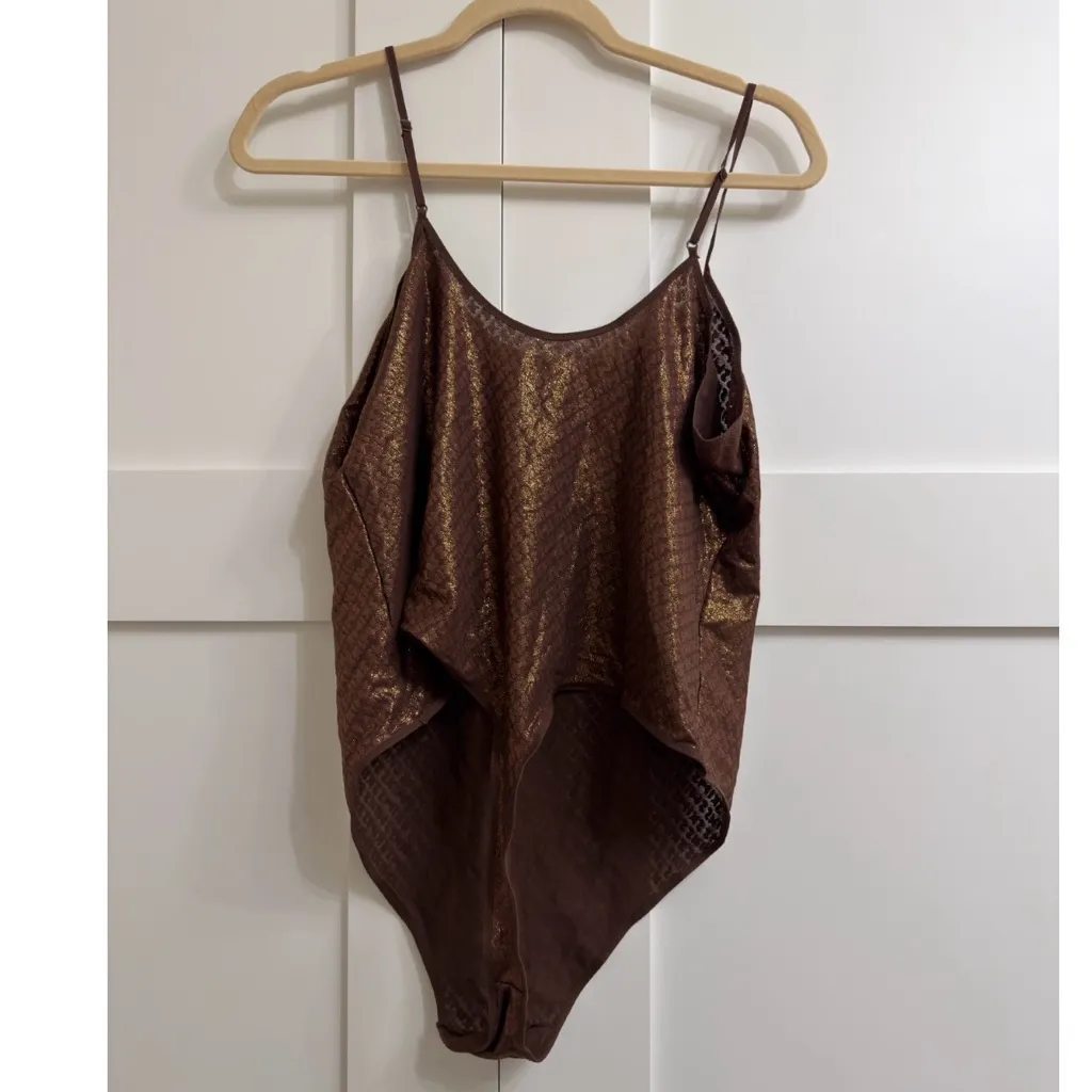 NWT Skims Logo Mesh Foil Cami Bodysuit in Coffee, size 3X - Image 3