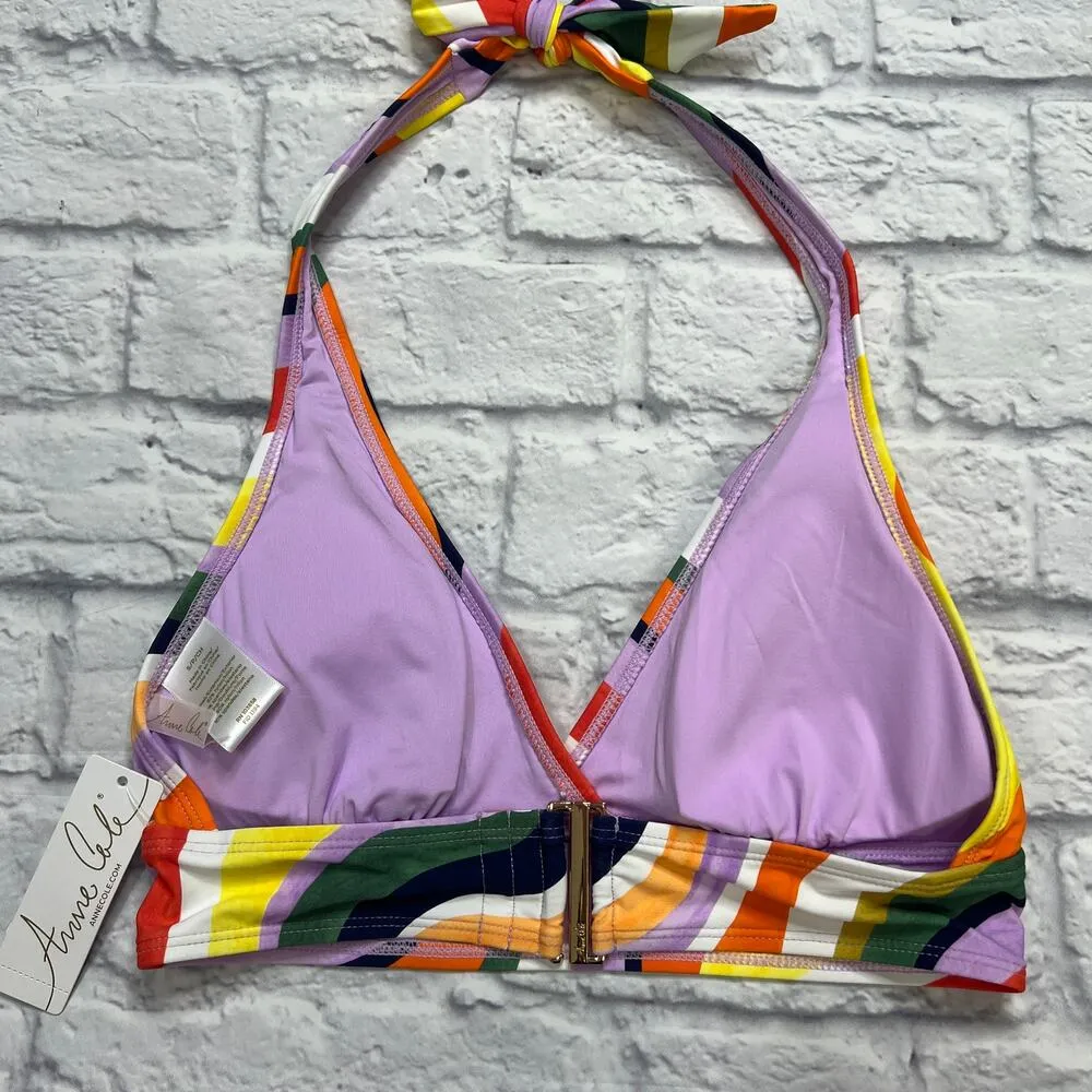 Anne Cole Multicolor Wavy Stripe Marilyn Halter Bikini Swim Top Size S New - Image 3