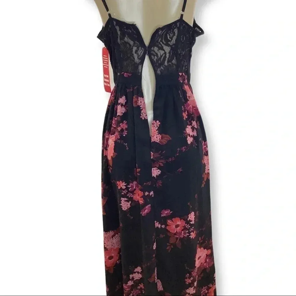 Haute Nites Spaghetti Straps Floral Maxi Dress Size 11 New With Tags Black - Image 4