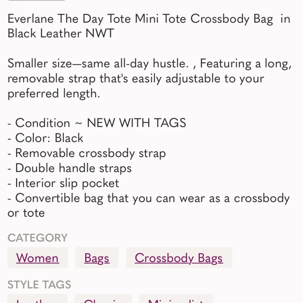 Everlane the Day tote mini tote leather crossbody bag in black new with tags - Image 5