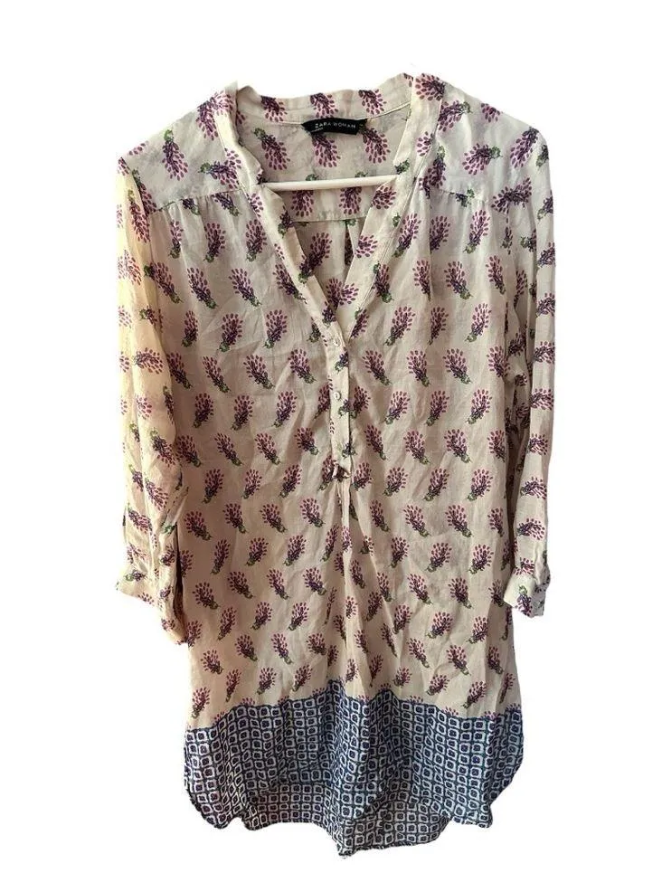 Zara Woman Cream & Purple Floral Geometric Silk Blend High Low Shirt Dress - Image 4