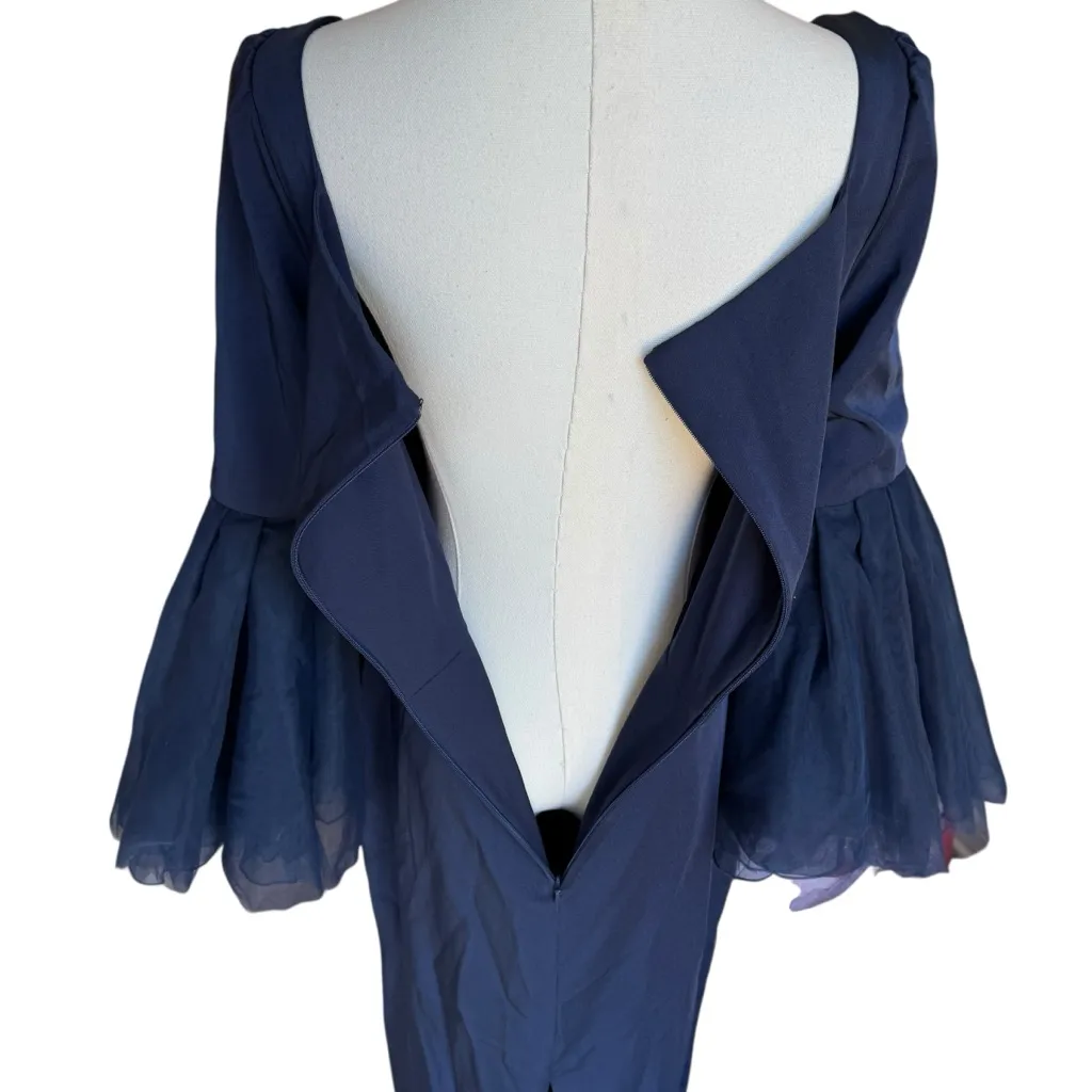 Leena for Mac Duggal - Navy Flounce Sleeve Square Neck Column Gown Sz 6 - Image 9