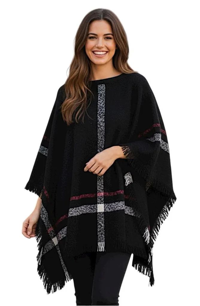 Black Poncho with Pink & White Plaid Stripes by Passports Size Medium - Image 1