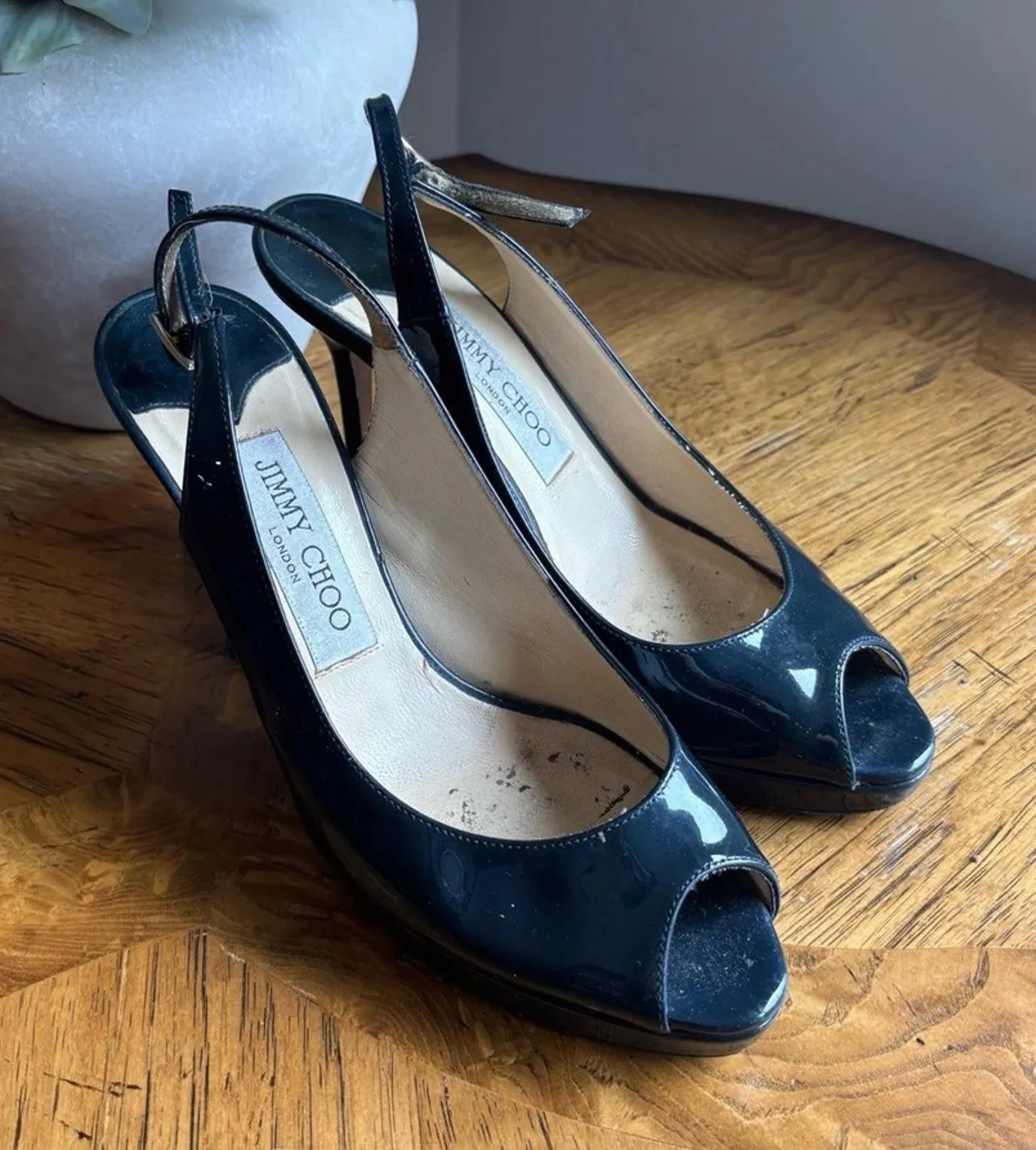 Jimmy Choo Black Patent Leather Slingback Peep Toe High Heel Pumps Size 36.5 - Image 1
