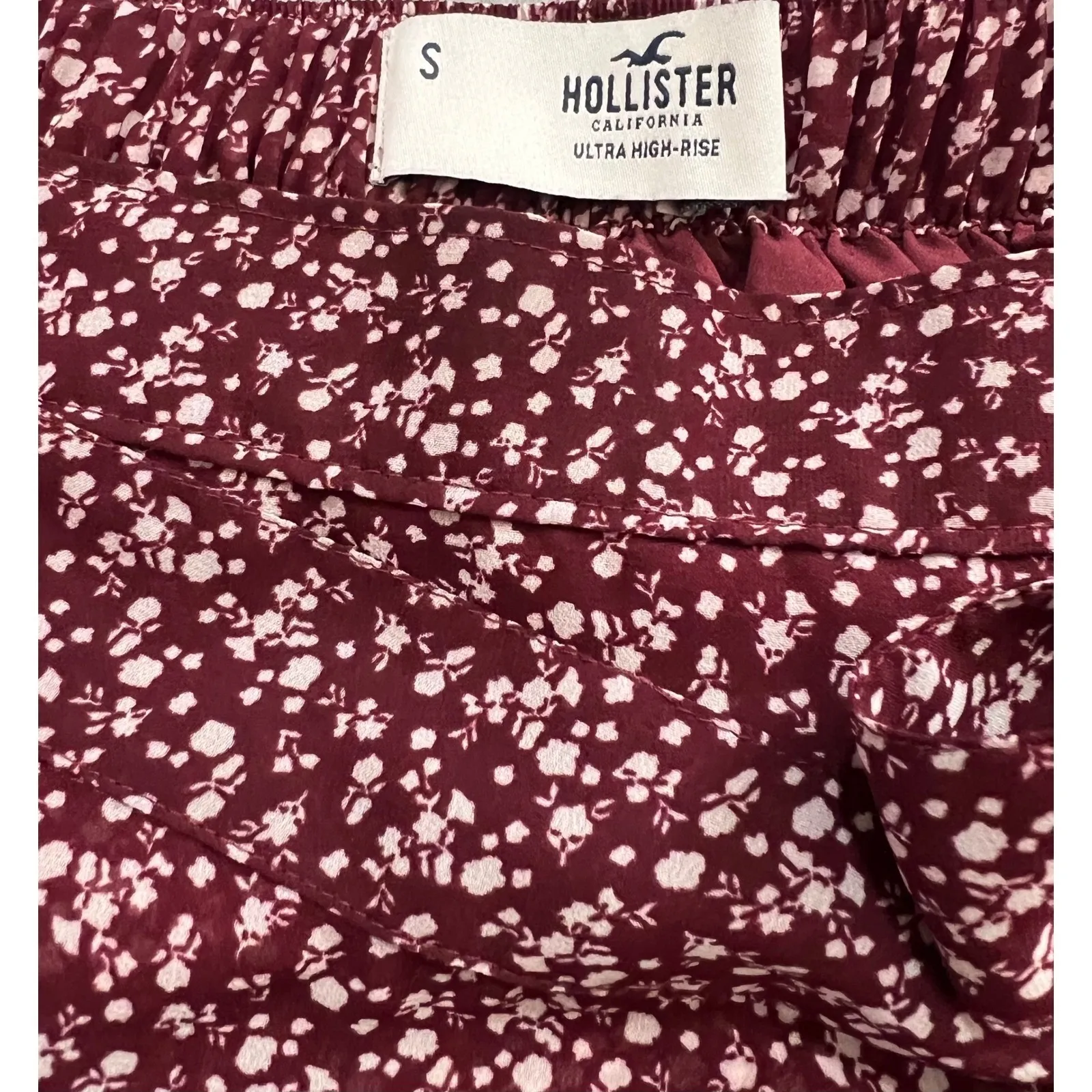 Hollister Floral Ruffle Mini Skirt Burgundy White Tie Waist S - Image 5