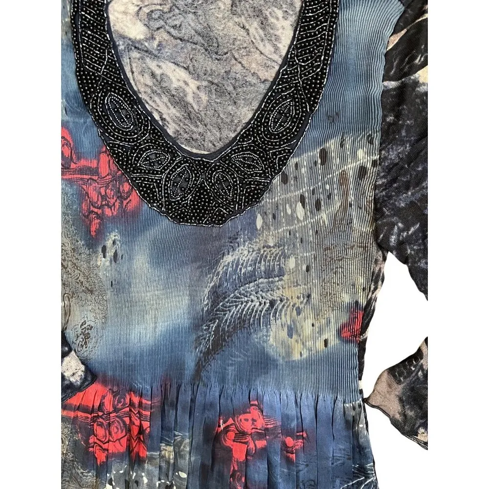 Alberto Makali M Tunic Pleated Beaded Top Micropleats Shirt Crinkle Knit Sweater - Image 5