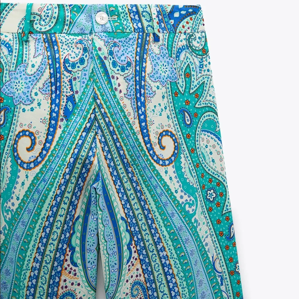 Zara PRINTED PANTS Mid-rise Wide Leg Blue NEW - Image 7