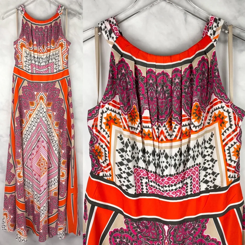 NWT Chicos Pleated High Neck Scarf Print Sleeveless A Line Maxi Dress Boho S - Image 4