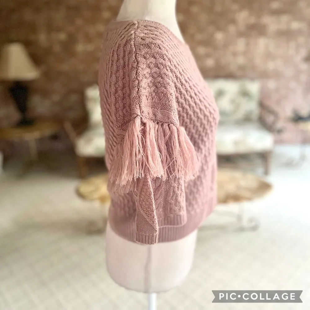 BB Dakota NWT Sweater Mauve Pink Cable Knit Crop Fringe Short Sleeve S Boho Chic - Image 12