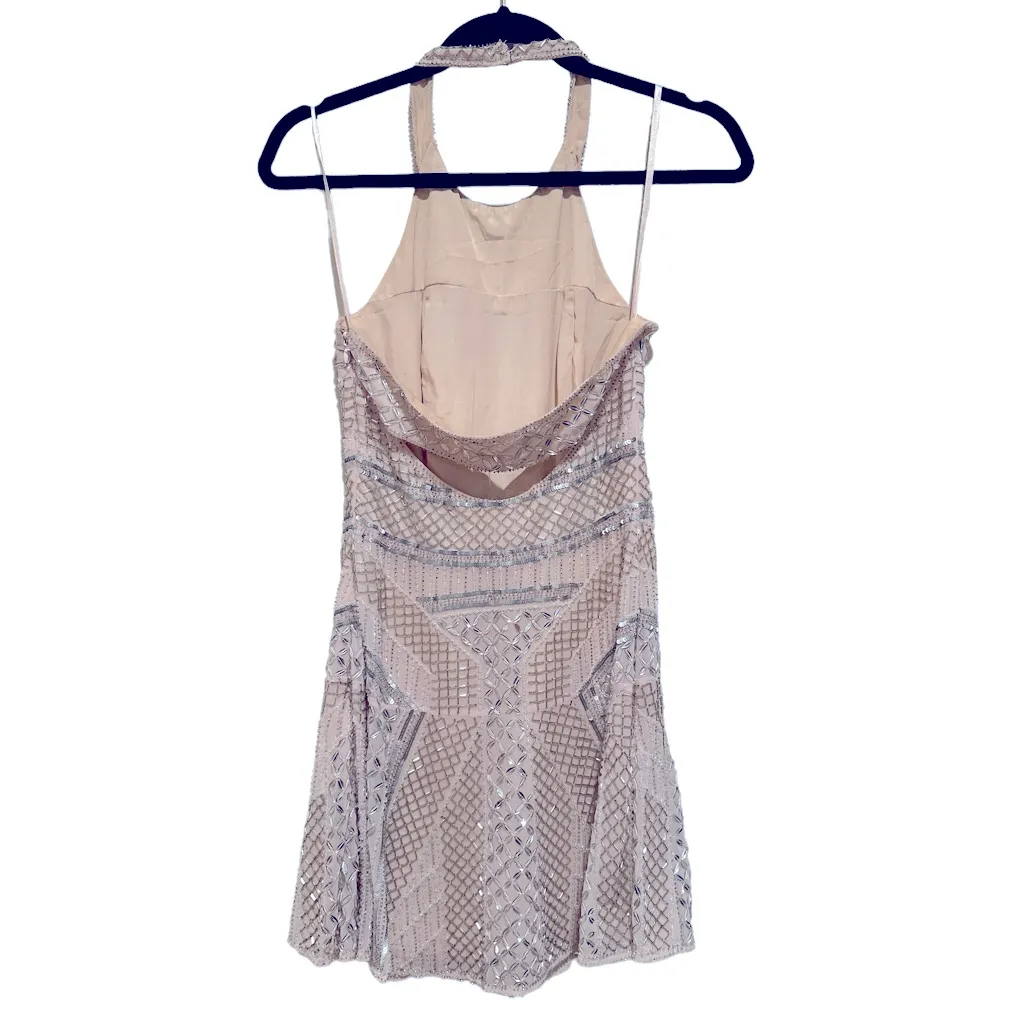 PARKER LEONA SILK BLUSH NEUTRAL SILVERTONE BEADED HALTER CUTOUT BACK MINI DRESS - Image 6