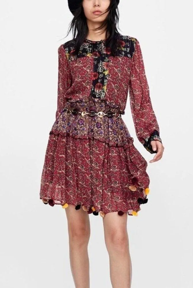 Zara Floral Patchwork Tiered Pompom Semi Sheer Peasant Mini Dress M Black Red - Image 12