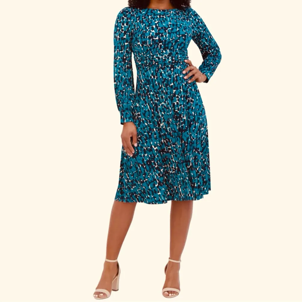 Jessica Howard Turquoise/Black Long Sleeve Printed Fit and Flare Dress NWT - Image 2