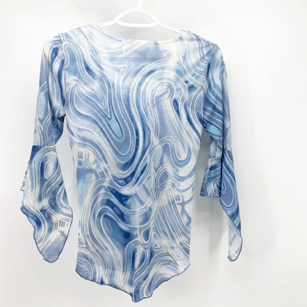 Retro Y2K marbled semi sheer adjustable top flowy sleeves form fitting sz S Blue - Image 7
