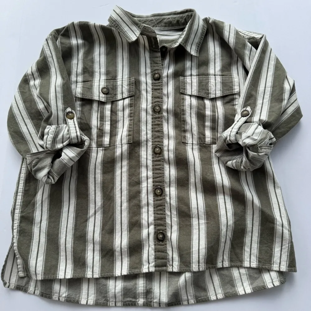 American Eagle Outfitters Olive and White Striped Oversized Fit Shirt Large - Image 4
