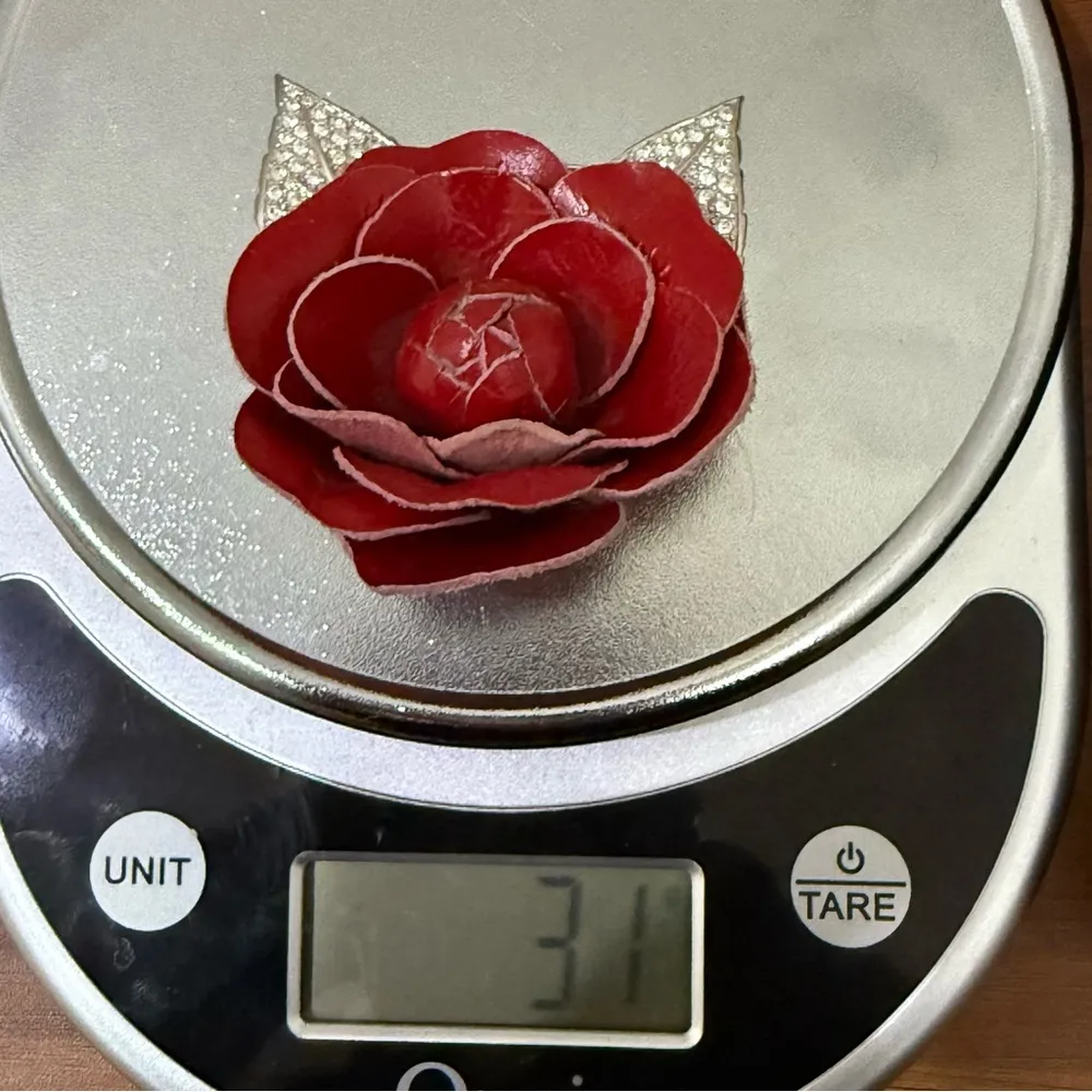 Vintage SWAROVSKI Swan Signed Red Leather Camellia Flower Pave Leaves Brooch 31g - Image 15