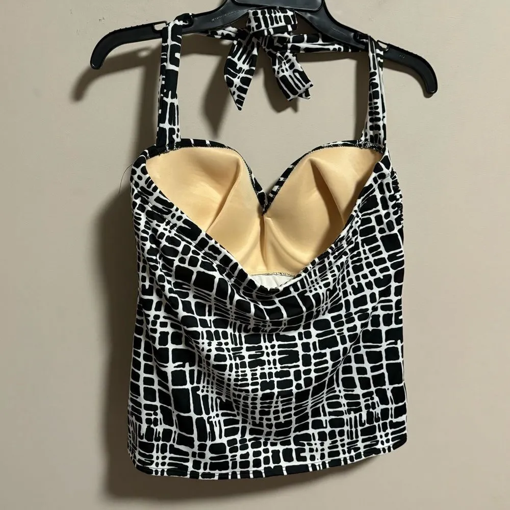 Miraclesuit Tankini Top Barcelona Check Halter Black White Slimming- Size 14 - Image 3