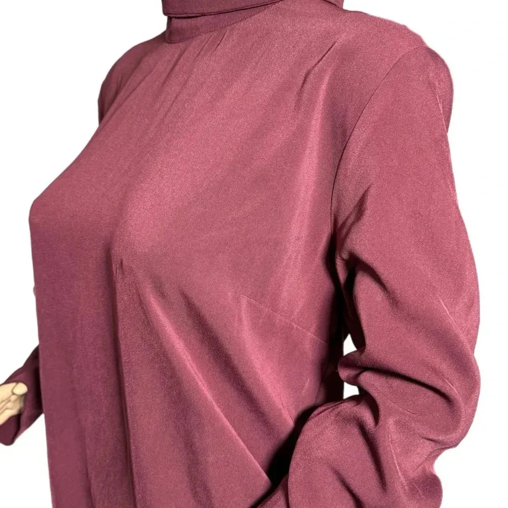 ANN TAYLOR Plum Blouse Button Mock Neck Long Sleeve Classic Blouse Medium - Image 6