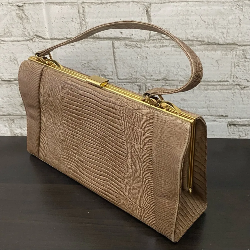 Vintage Mam 'Selle New York MidMod Lizard Textured Leather Tan Clutch Handbag - Image 4