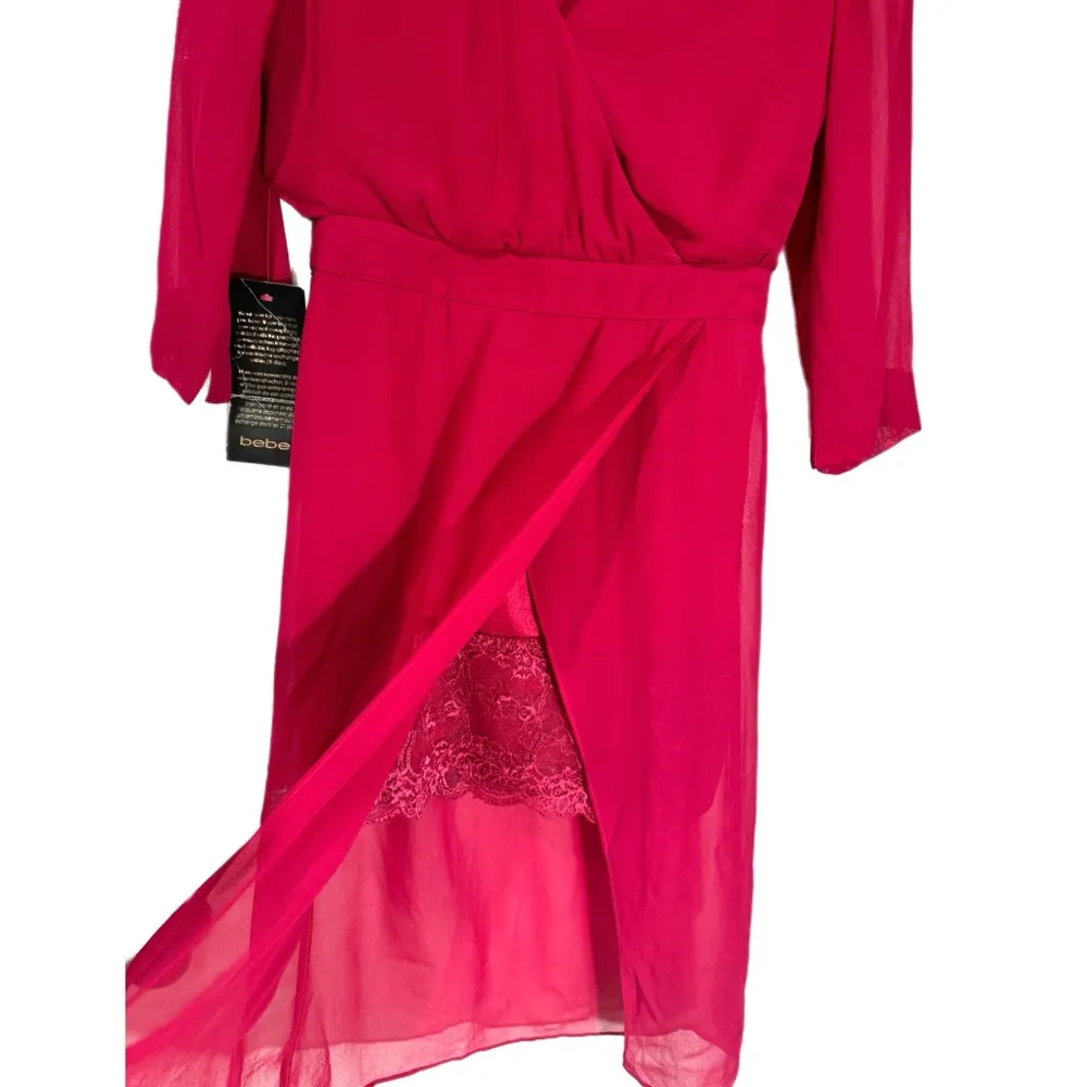 NWT Bebe Womens Raspberry Pink Chiffon Faux Wrap Midi Dress 3/4 Sleeve Size 4 - Image 13