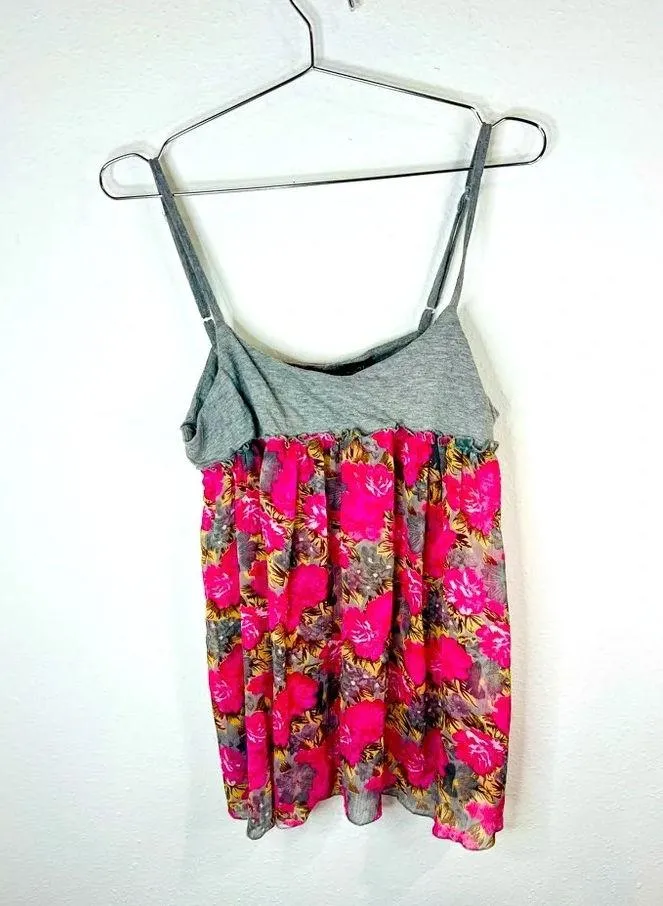 Rue21 Babydoll Tank Grey Top Pink Floral Mesh Bottom Layer Polyester Size Small - Image 2