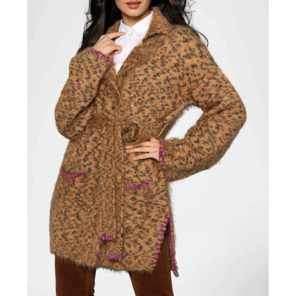 Lisa Todd limited edition luxurious mohair cheetah Print Belted cardigan NEW Brown Size M - Image 4