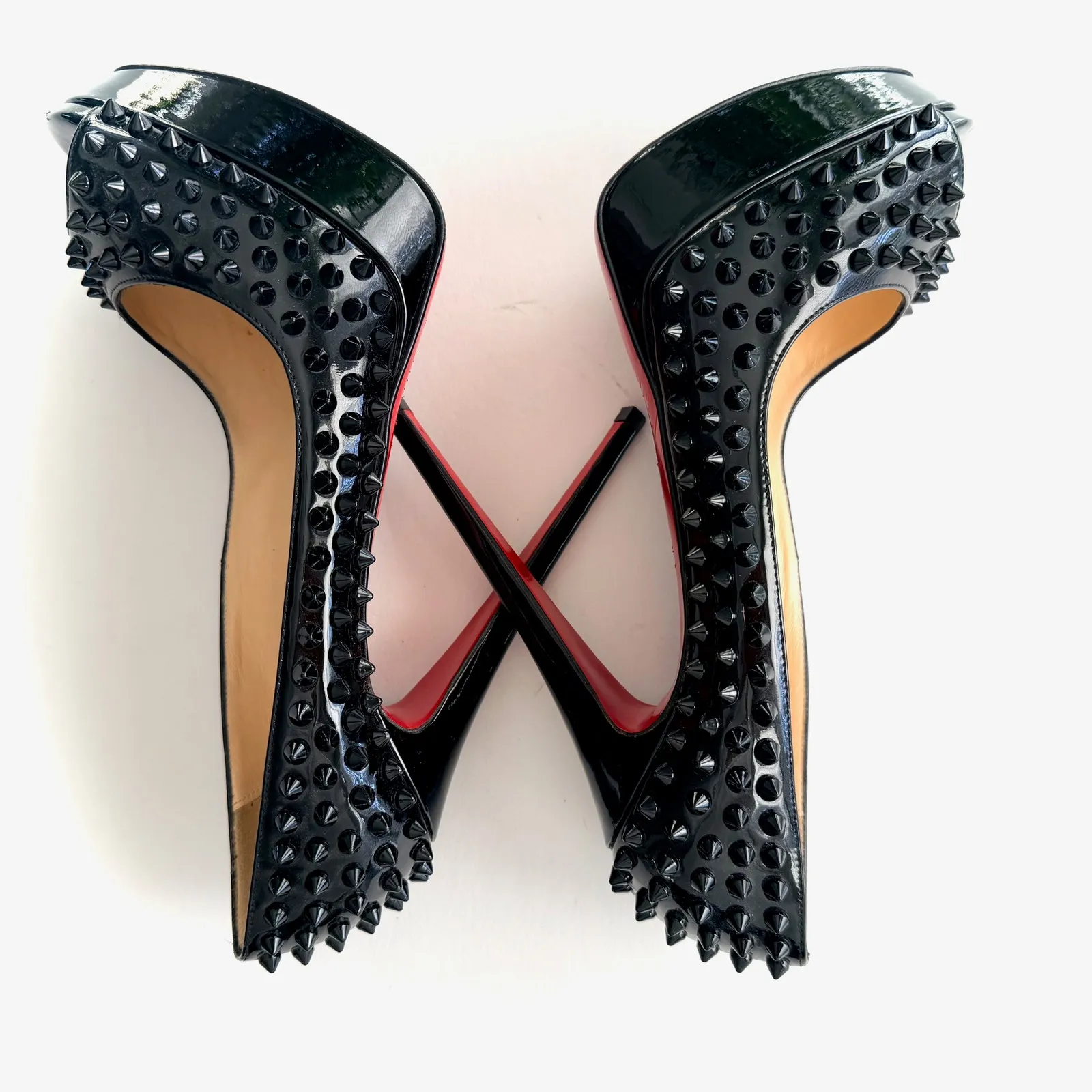 Christian Louboutin Lady Peep Spikes 40.5 140mm Black Patent Platform Heels Pump - Image 4
