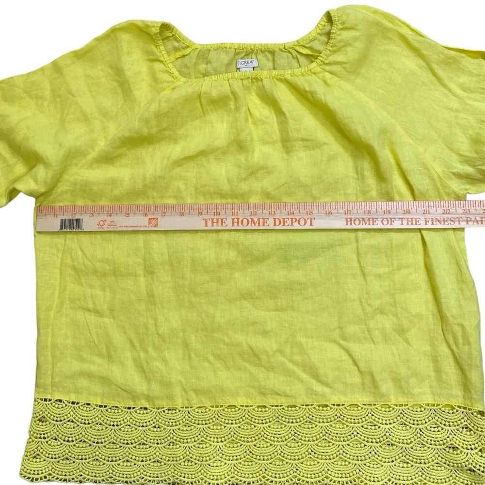 Yellow 100% linen boat neck 3/4 sleeve crochet trim top Size L - Image 3